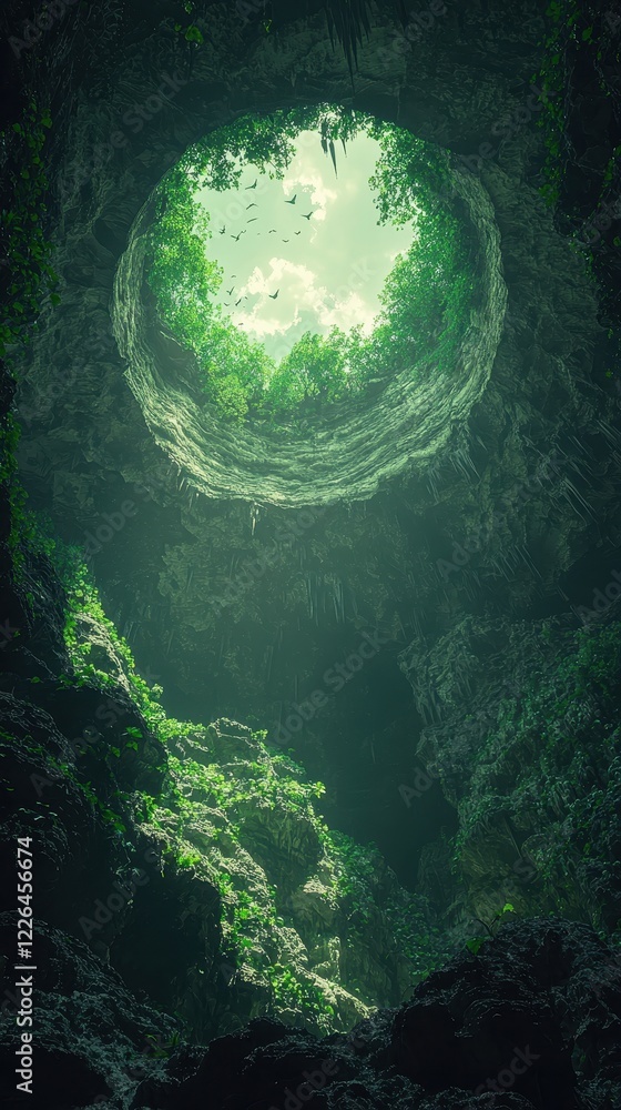 Fototapeta premium A heart-shaped opening in a cave ceiling with birds flying above and lush greenery