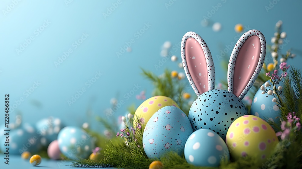 Easter symbols. Bunny and painted eggs on grass Easter symbols. Bunny and painted eggs on grass
