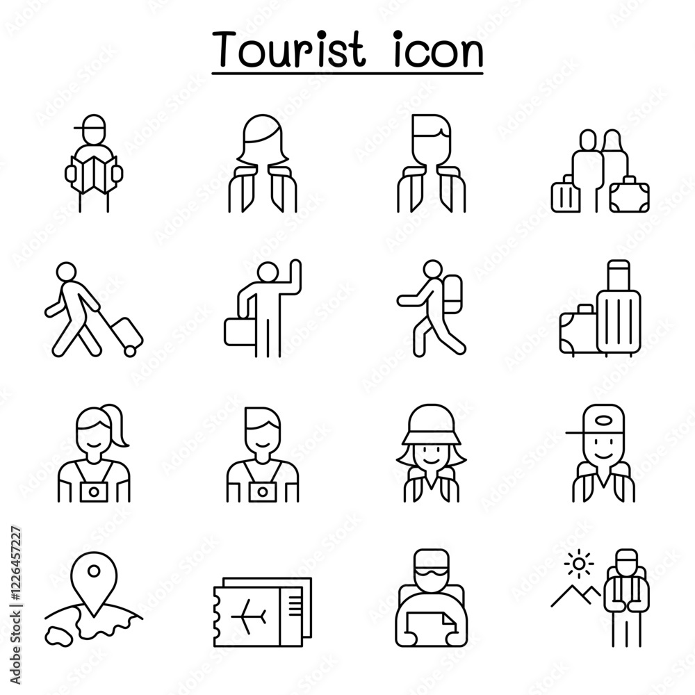 Tourist icon set in thin line style Tourist icon set in thin line style