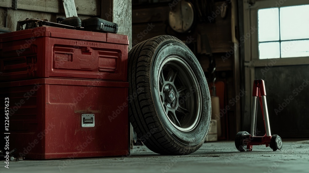 Fototapeta premium A winter tire leaning against a toolbox, with a hydraulic jack on the floor nearby.