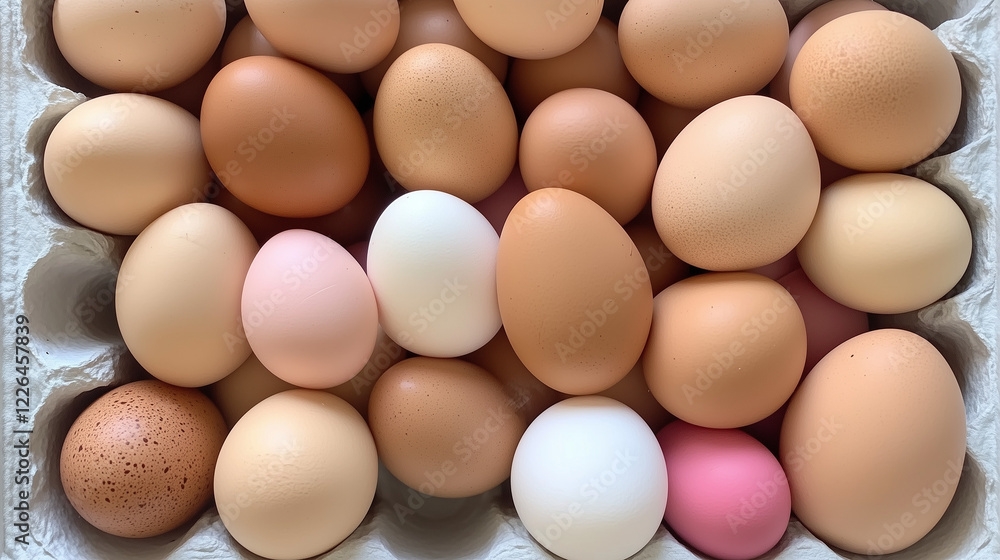 Fresh Eggs Assortment: A delightful close-up of a carton brimming with a diverse collection of fresh eggs in a range of natural colors, brown, white, and pink. Fresh Eggs Assortment: A delightful close-up of a carton brimming with a diverse collection of fresh eggs in a range of natural colors, brown, white, and pink.