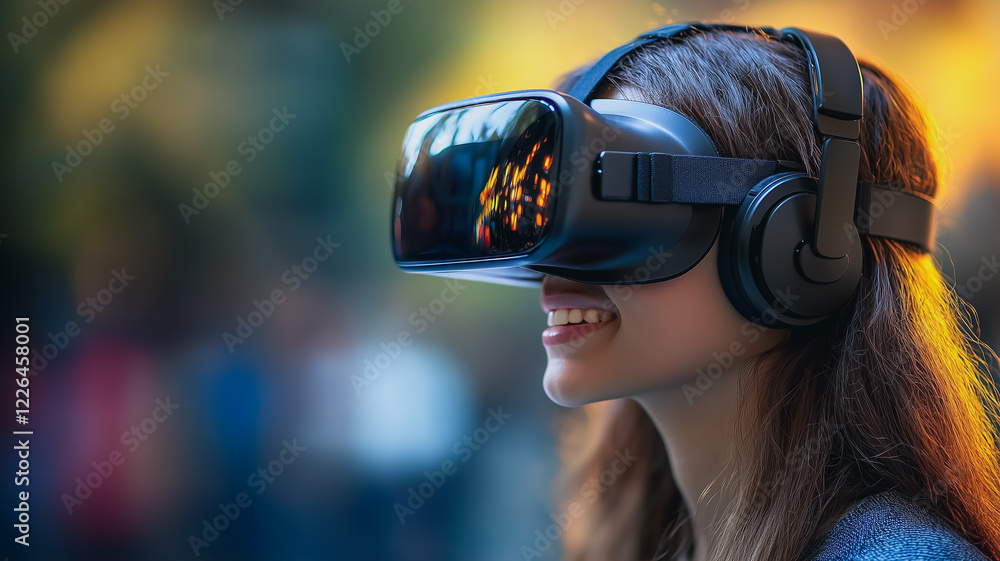 A Smile of Wonder: A young woman with a wide, joyful grin immerses herself in a virtual world, experiencing the thrill of the unknown through a futuristic VR headset. A Smile of Wonder: A young woman with a wide, joyful grin immerses herself in a virtual world, experiencing the thrill of the unknown through a futuristic VR headset.