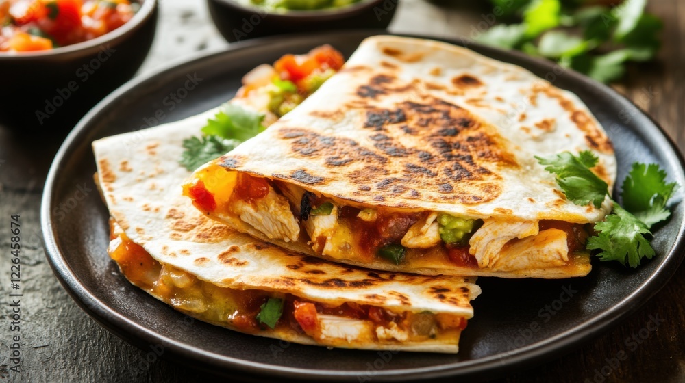 A crispy and golden chicken quesadilla filled with melted cheese, grilled chicken, and sautéed peppers A crispy and golden chicken quesadilla filled with melted cheese, grilled chicken, and sautéed peppers