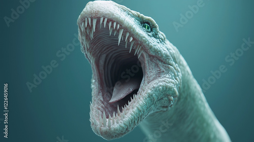 Deep Sea Serpent: A digital rendering of a terrifying, colossal sea serpent with rows of razor-sharp teeth, its gaping maw revealing a pink tongue.  Its pale. photo