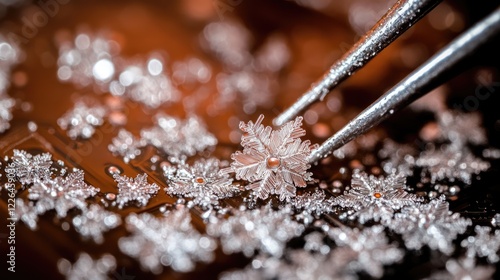 Close-up of a circuit board assembly in progress with tweezers gripping a microcomponent. photo