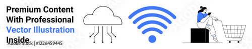 Cloud with data lines, wireless icon, woman using smartphone beside shopping cart. Ideal for tech, e-commerce, digital connectivity, cloud services, online retail, mobile usage flat landing page