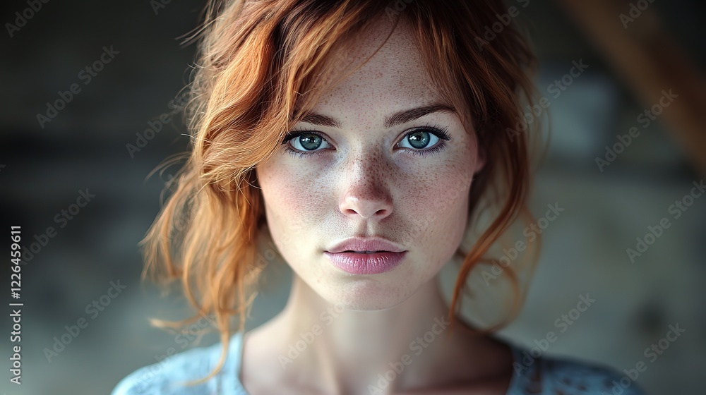 close up woman face portrait with calm and optimistic vibes, red hair freckle face woman close up woman face portrait with calm and optimistic vibes, red hair freckle face woman
