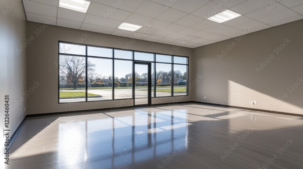 Fototapeta premium Spacious empty office with large windows, natural light, and minimalist style
