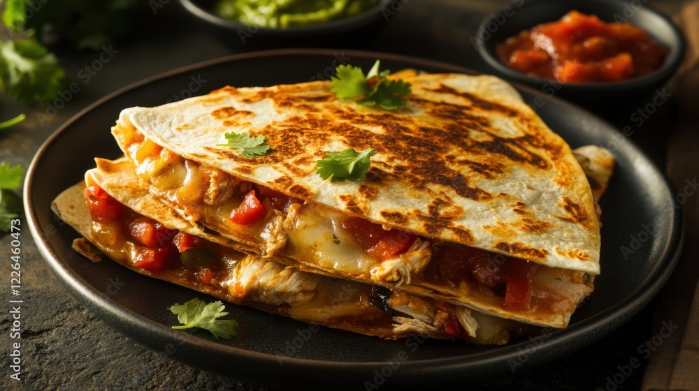 A crispy and golden chicken quesadilla filled with melted cheese, grilled chicken, and sautéed peppers A crispy and golden chicken quesadilla filled with melted cheese, grilled chicken, and sautéed peppers