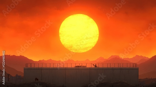 Beautiful orange and red hues paint the sky as the sun dips below the horizon, casting a warm glow over the industrial plant  photo