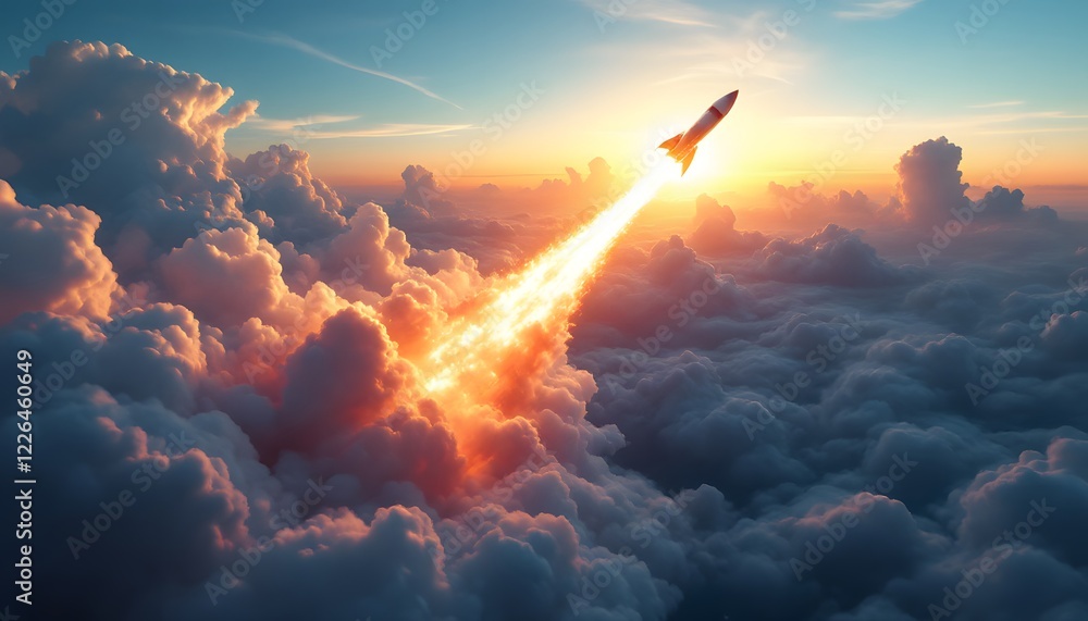 Fototapeta premium Rocket Launch Through Sunset Cloudscape Stunning Aerial View
