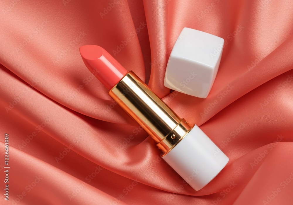 Obraz premium Luxury lipstick in coral pink shade with gold and white packaging on soft silky background in studio lighting