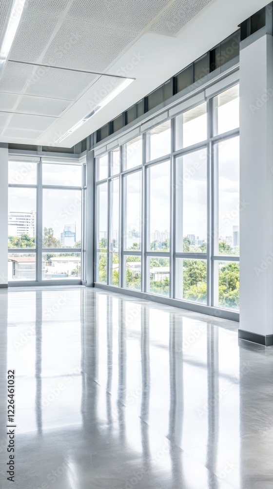 Fototapeta premium Spacious empty office with large windows, natural light, and minimalist style