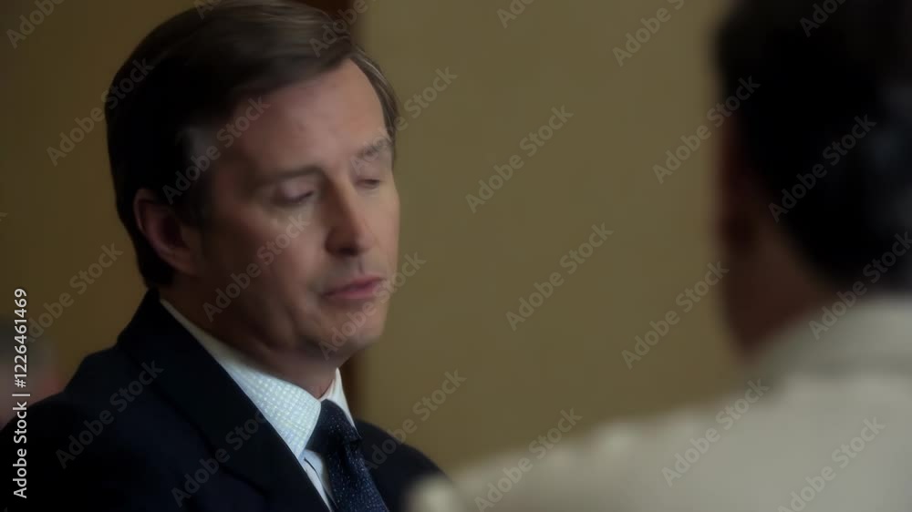 Man in suit talking to another person, close-up shot. Man in suit talking to another person, close-up shot.