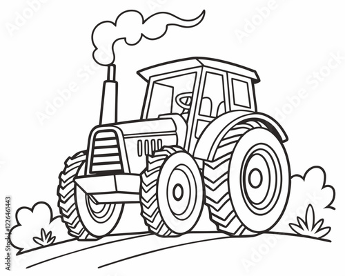 Farm tractor line drawing, black and white sketch, detailed illustration, large wheels, exhaust smoke, simple background, grass tufts, agricultural machinery, coloring book style, clean lines, 