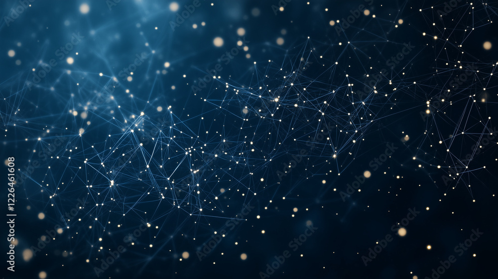 Obraz premium Interconnectedness: A mesmerizing abstract design featuring an intricate network of interconnected lines and points, illuminated with soft golden light against a rich, dark blue backdrop.