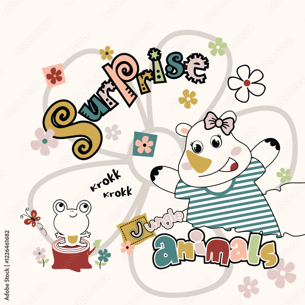 Fototapeta premium Adorable animal character surrounded by beautiful flower decorations in a vibrant vector illustration. 