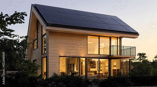 Wallpaper Mural Modern Eco-Friendly House - Solar Panel Roof, Glass Windows, Warm Interior Lighting - Ideal for Sustainable Living, Renewable Energy, and Real Estate Concepts Torontodigital.ca