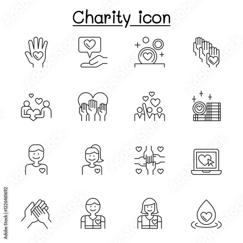 Charity, donation and volunteer icon set in thin line style