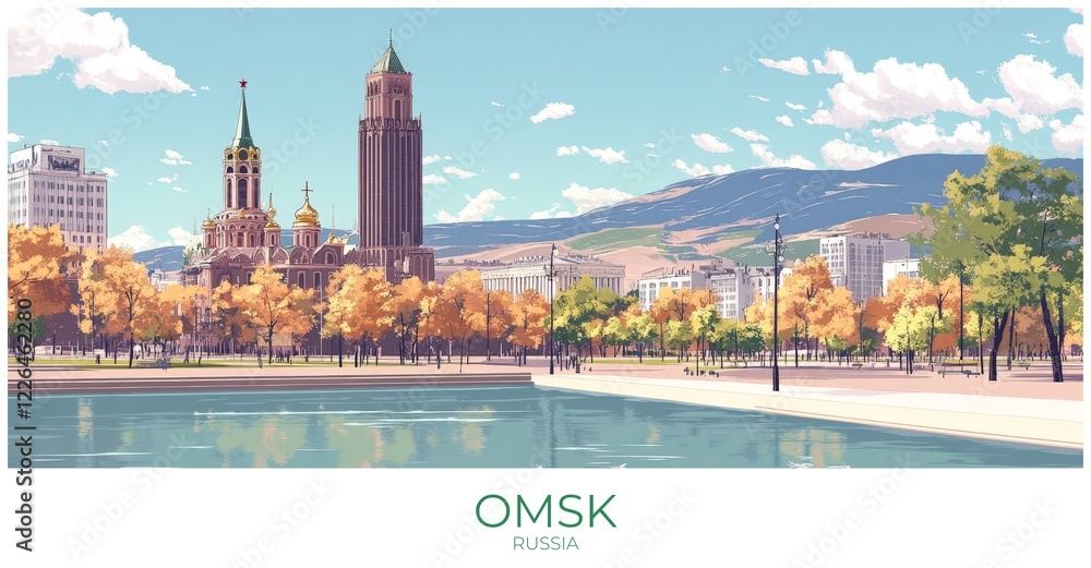 Obraz premium Omsk Russia Travel Poster Flat Illustration Print Decor Gift Canvas Wall Art