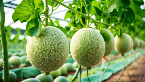 Fresh Green melon, melon growing organically, Green melon plants background, Melon Hanging banner, watermelon in greenhouse background, Fresh organic melon fruit on green plant tree farmland