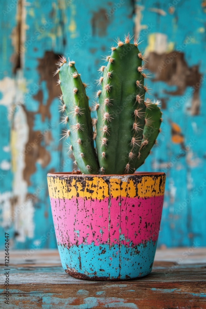 Vibrant Cactus in a Distressed Pot against a Turquoise Background Vibrant Cactus in a Distressed Pot against a Turquoise Background