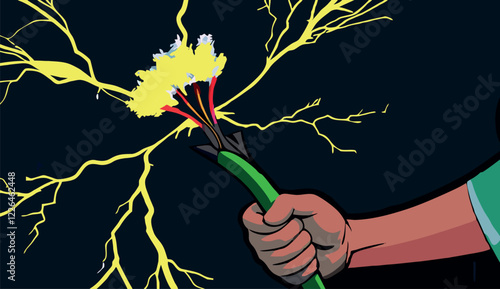 Hand holding electric cable generating lightning and sparks