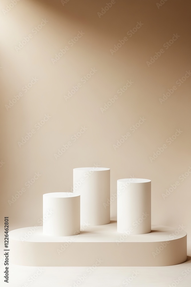 Three white cylindrical podiums on a beige platform against a beige background. Three white cylindrical podiums on a beige platform against a beige background.