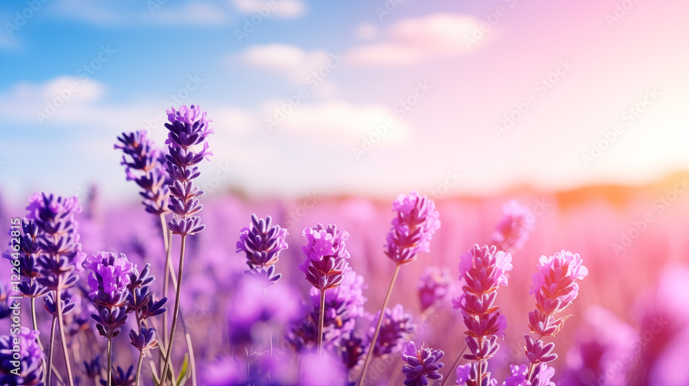 Naklejka premium filled with lavender under blue sky. blooming purple flowers under a sky