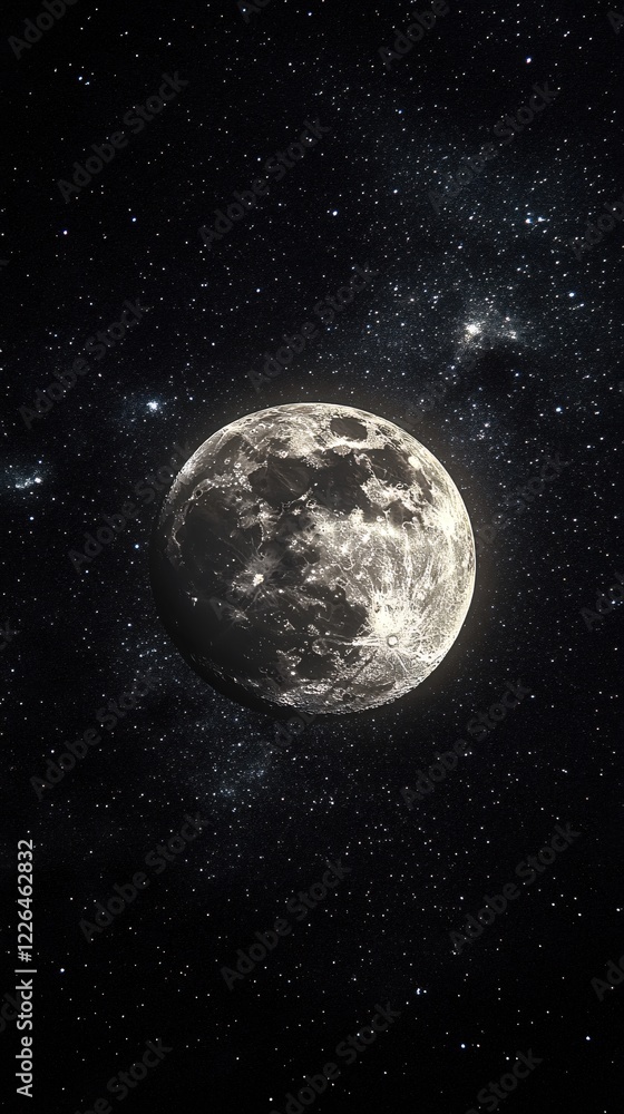 Full moon and stars in a dark night sky celestial scene with craters and lunar surface Full moon and stars in a dark night sky celestial scene with craters and lunar surface