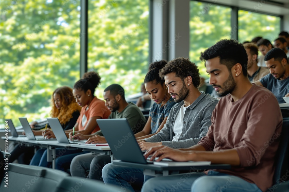 Students seated in a modern classroom working on laptops, large windows showcasing trees and natural light. Education and collaboration concept. Ai generative Students seated in a modern classroom working on laptops, large windows showcasing trees and natural light. Education and collaboration concept. Ai generative