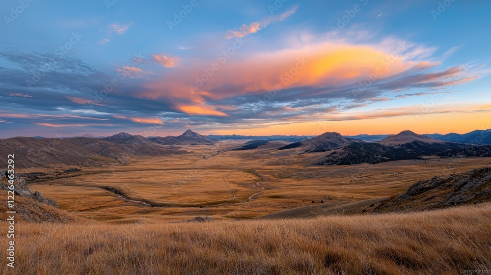Sunset over vast golden plains and mountains Sunset over vast golden plains and mountains