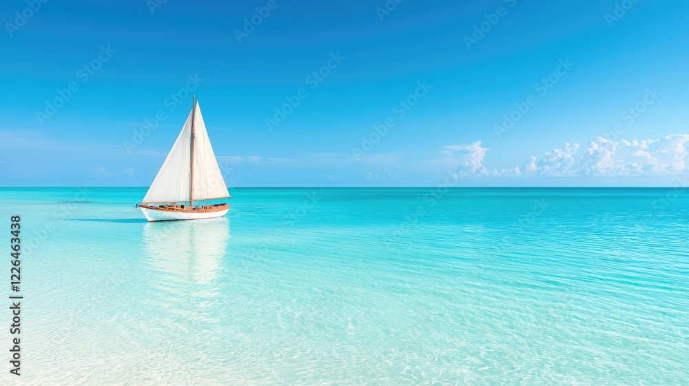Obraz premium Sailboat at anchor in turquoise water, tranquil beach background; perfect for travel or vacation brochures