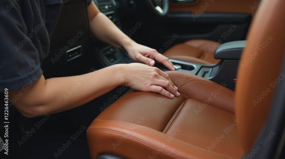 Close-up of a woman's hand applying leather conditioner to a worn leather car seat Close-up of a woman's hand applying leather conditioner to a worn leather car seat