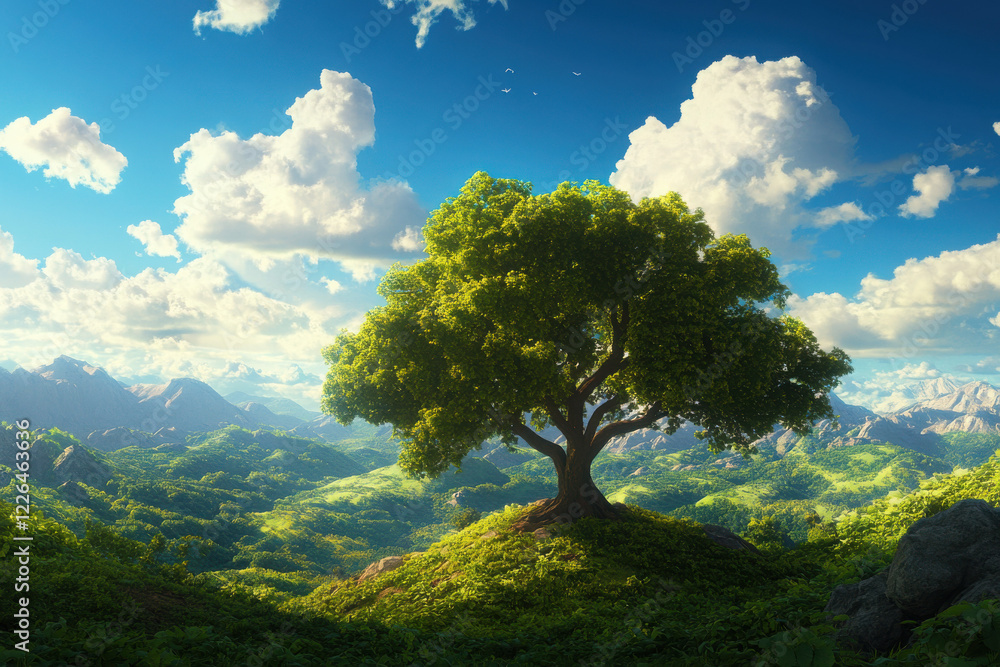 Fototapeta premium A majestic tree stands alone on a lush green hillside.