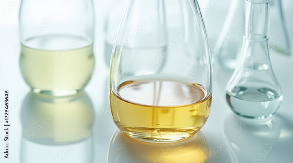 Close-up view of test tubes and glass containers with nutrient solutions for analysis, liquids showing slight variations in color, white background, scientific study. Close-up view of test tubes and glass containers with nutrient solutions for analysis, liquids showing slight variations in color, white background, scientific study.