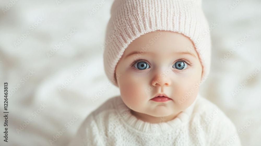 Adorable baby with blue eyes and knitted hat, looking curiously. Adorable baby with blue eyes and knitted hat, looking curiously.