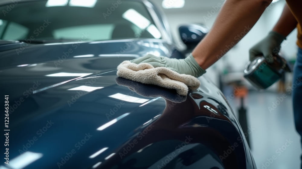 Obraz premium A close-up of a technician waxing a car, applying wax in circular motions with a soft cloth, glossy surface with reflections, clean garage setting.