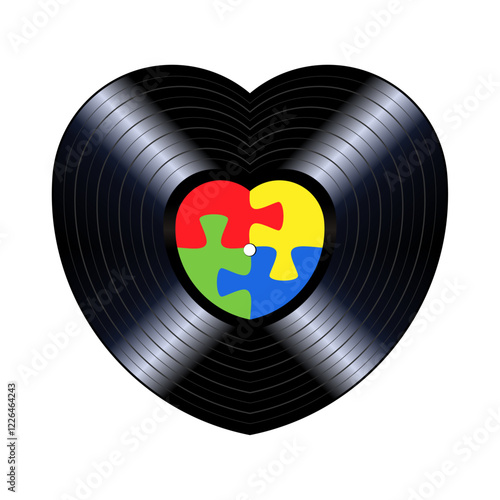 Heart shape vinyl record with heart puzzle paper label. Vector isolated on white background.