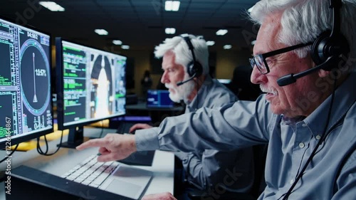 Senior Technicians Monitoring Systems in a High-Tech Control Room