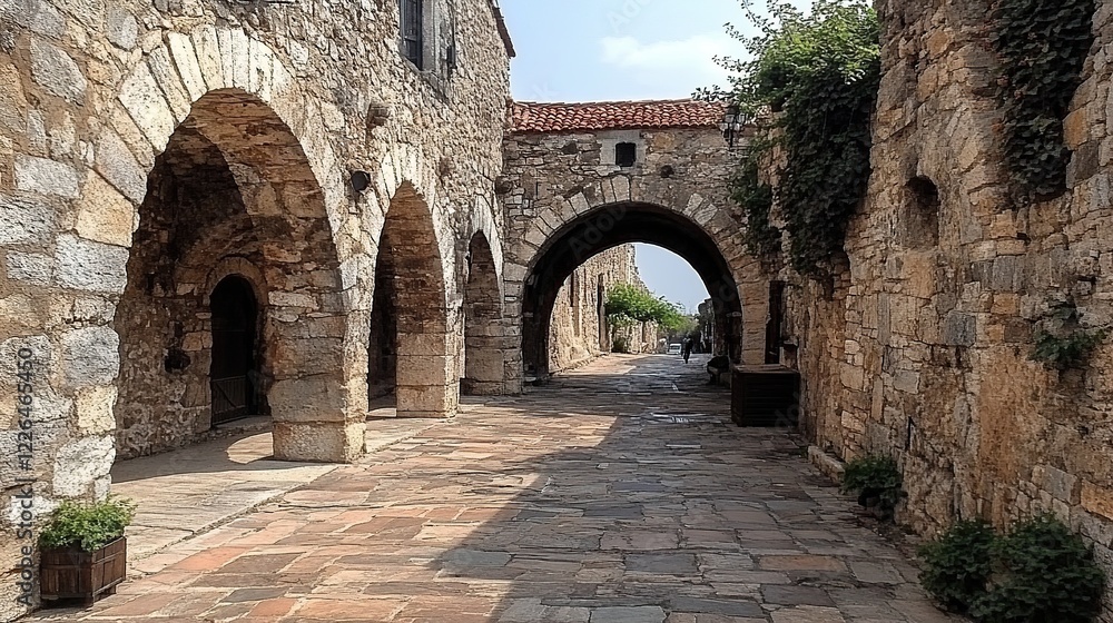 Stone archway path, medieval village, sunny day, travel destination Stone archway path, medieval village, sunny day, travel destination