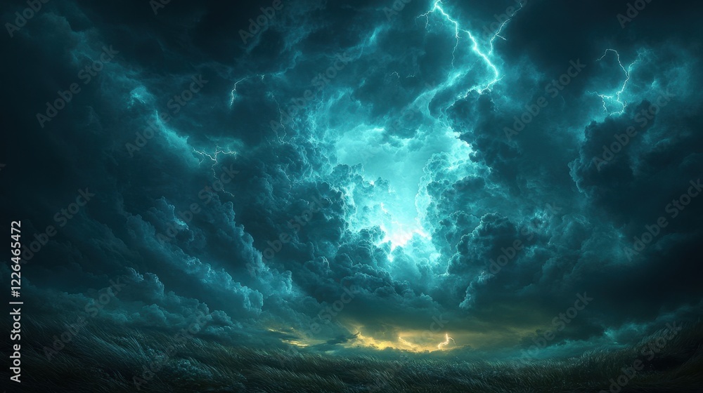 Highly realistic images, storm clouds and lightning in the sky seen from the window of a plane at an altitude of 30,000 meters above sea level Highly realistic images, storm clouds and lightning in the sky seen from the window of a plane at an altitude of 30,000 meters above sea level