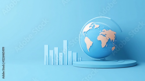 A modern globe with an orange landmass sits against a blue background, accompanied by a transparent bar graph, symbolizing data and global insights.