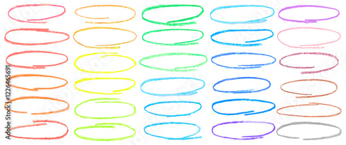 Round frames, outlined with colored pencils. Selecting text. Colorful charcoal strokes, rough crayon trokes, hand drawn doodle lines. Design elements.