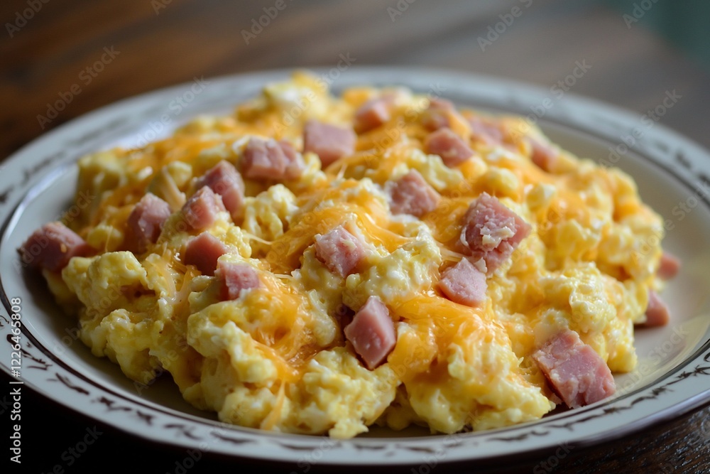 Plate of fluffy scrambled eggs with diced ham and melted cheese, served on a decorative dish Plate of fluffy scrambled eggs with diced ham and melted cheese, served on a decorative dish