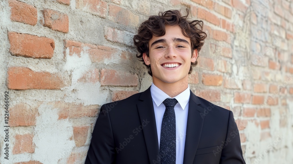 Young Man in Business Suit Smiling Against Brick Wall - A cheerful young man in a black business suit smiles confidently while leaning against a brick wall. Young Man in Business Suit Smiling Against Brick Wall - A cheerful young man in a black business suit smiles confidently while leaning against a brick wall.