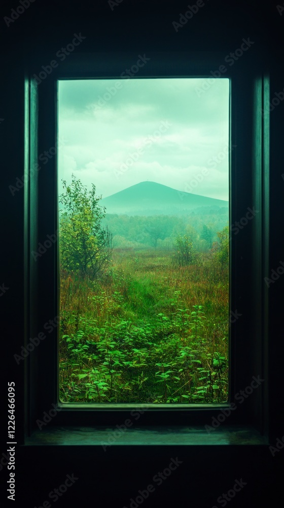 Serene Countryside View from Train Window Lush Green Landscape Rolling Hills Cloudy Sky Serene Countryside View from Train Window Lush Green Landscape Rolling Hills Cloudy Sky