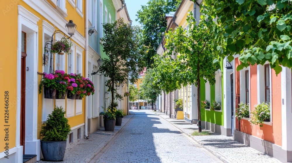 Fototapeta premium Colorful historic buildings line a quiet cobblestone alleyway in a European town during a sunny day.