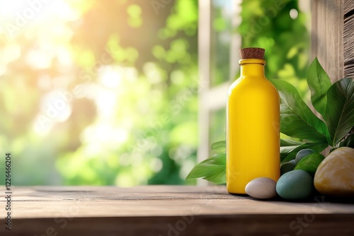 A Bright Yellow Bottle Stands Elegantly on a Rustic Table - A bright yellow bottle accompanied by smooth stones and green leaves symbolizes freshness, nature, serenity, harmony, and simplicity.