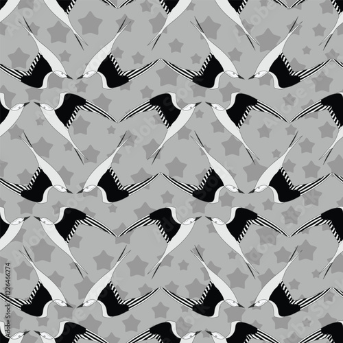 Flying birds seamless pattern. Silhouette a flight of birds. Black and white endless background. . Vector illustration